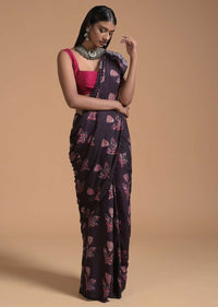 Brown Saree In Cotton With Batik Printed Floral Buttis Online - Kalki Fashion