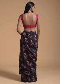 Brown Saree In Cotton With Batik Printed Floral Buttis Online - Kalki Fashion