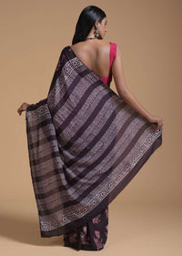 Brown Saree In Cotton With Batik Printed Floral Buttis Online - Kalki Fashion