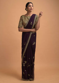 Raisin Purple Saree In Georgette With Cut Dana And Sequins Embellished Floral Motifs Online - Kalki Fashion