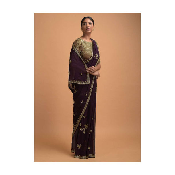 Raisin Purple Saree In Georgette With Cut Dana And Sequins Embellished Floral Motifs Online - Kalki Fashion