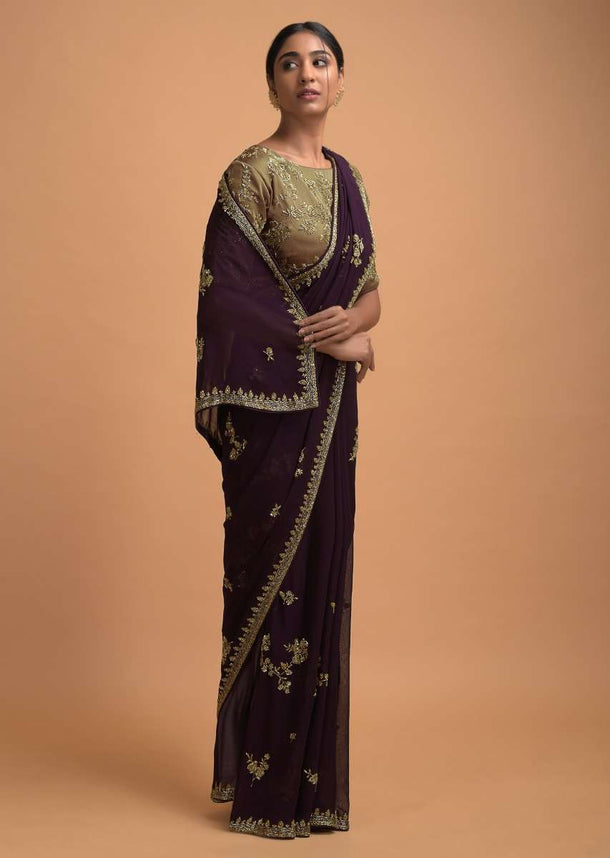 Raisin Purple Saree In Georgette With Cut Dana And Sequins Embellished Floral Motifs Online - Kalki Fashion