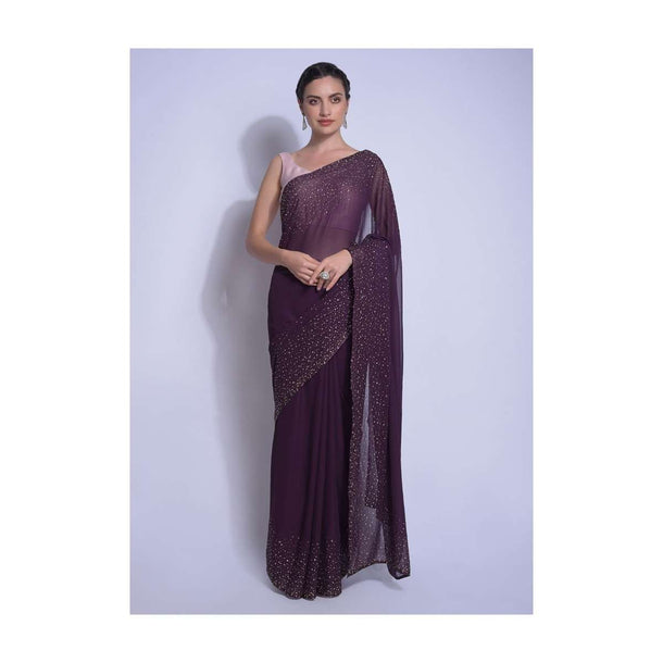 Eggplant Purple Saree In Georgette With Kundan Work On The Border And Pallu