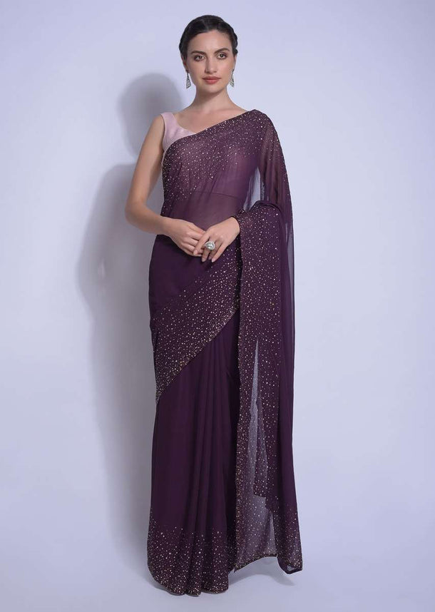 Eggplant Purple Saree In Georgette With Kundan Work On The Border And Pallu