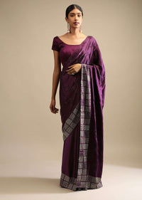 Raisin Purple Saree In Satin With Two Toned Kundan Embellished Border And Ready Stitched Blouse