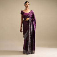 Raisin Purple Saree In Satin With Two Toned Kundan Embellished Border And Ready Stitched Blouse