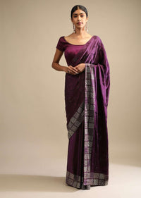 Raisin Purple Saree In Satin With Two Toned Kundan Embellished Border And Ready Stitched Blouse