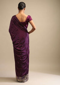 Raisin Purple Saree In Satin With Two Toned Kundan Embellished Border And Ready Stitched Blouse