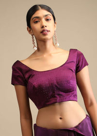 Raisin Purple Saree In Satin With Two Toned Kundan Embellished Border And Ready Stitched Blouse