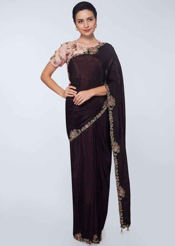 Raisin  purple silk saree with embroidery and applique work