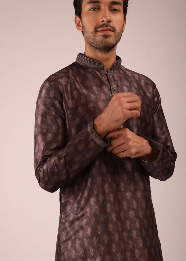 Raisin Purple Kurta Set In Silk With Block Printed Buttis