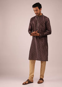 Raisin Purple Kurta Set In Silk With Block Printed Buttis