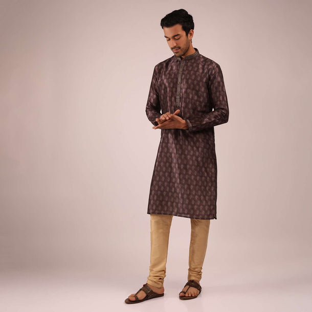 Raisin Purple Kurta Set In Silk With Block Printed Buttis