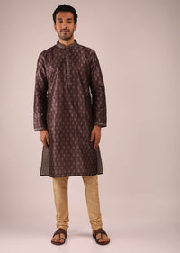 Raisin Purple Kurta Set In Silk With Block Printed Buttis