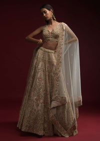 Powder Pink Lehenga Choli With Hand Embossed Embroidery Detailing In Ornate Floral Kalis And Mughal Motifs