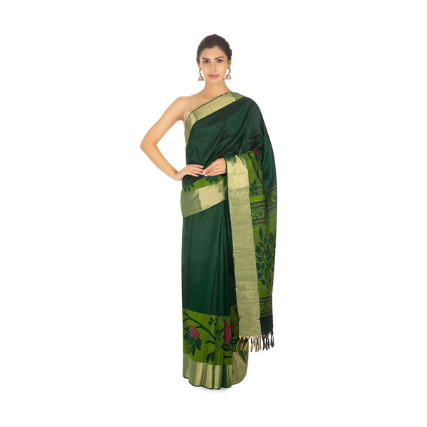 Rama green chanderi silk saree in floral weaved work