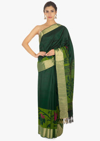 Rama green chanderi silk saree in floral weaved work