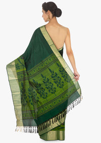 Rama green chanderi silk saree in floral weaved work