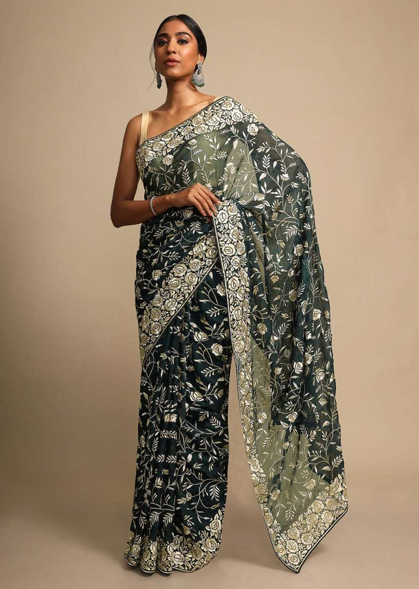 Rama Green Saree In Georgette With Resham Embroidered Floral Jaal Online - Kalki Fashion