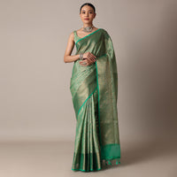 Rama Green Banarasi Tanchui Silk Saree With Tassel Detail And Unstitched Blouse Piece