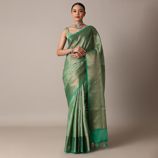 Rama Green Banarasi Tanchui Silk Saree With Tassel Detail And Unstitched Blouse Piece