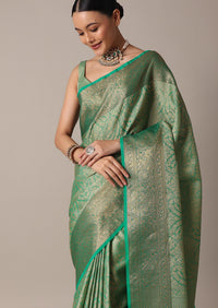 Rama Green Banarasi Tanchui Silk Saree With Tassel Detail And Unstitched Blouse Piece