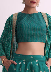 Rama Green Silk Crop Top And Pant Set With Bandhani Print Jacket