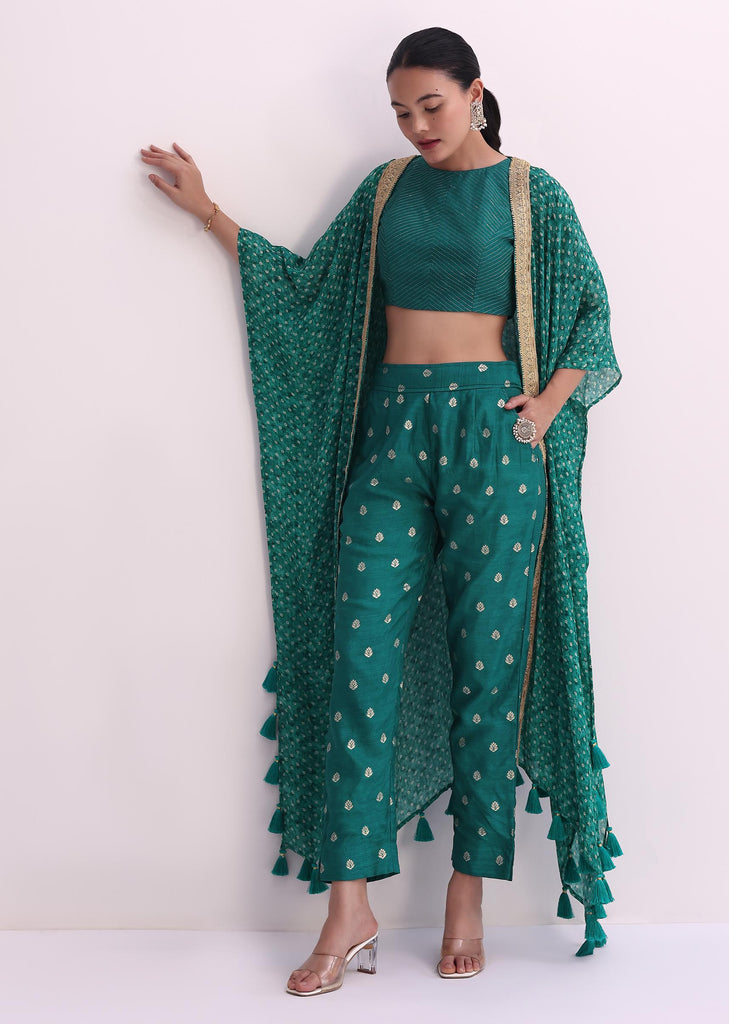 Rama Green Silk Crop Top And Pant Set With Bandhani Print Jacket