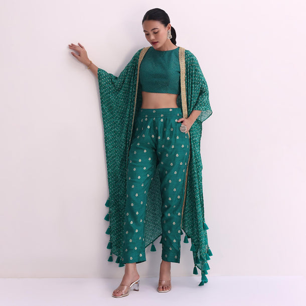 Rama Green Silk Crop Top And Pant Set With Bandhani Print Jacket