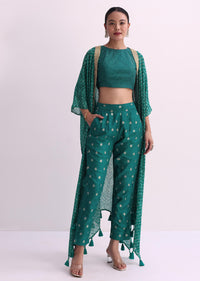 Rama Green Silk Crop Top And Pant Set With Bandhani Print Jacket