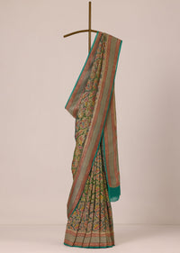 Rama Green Zari Embroidered Saree In Chanderi Crushed Silk Georgette