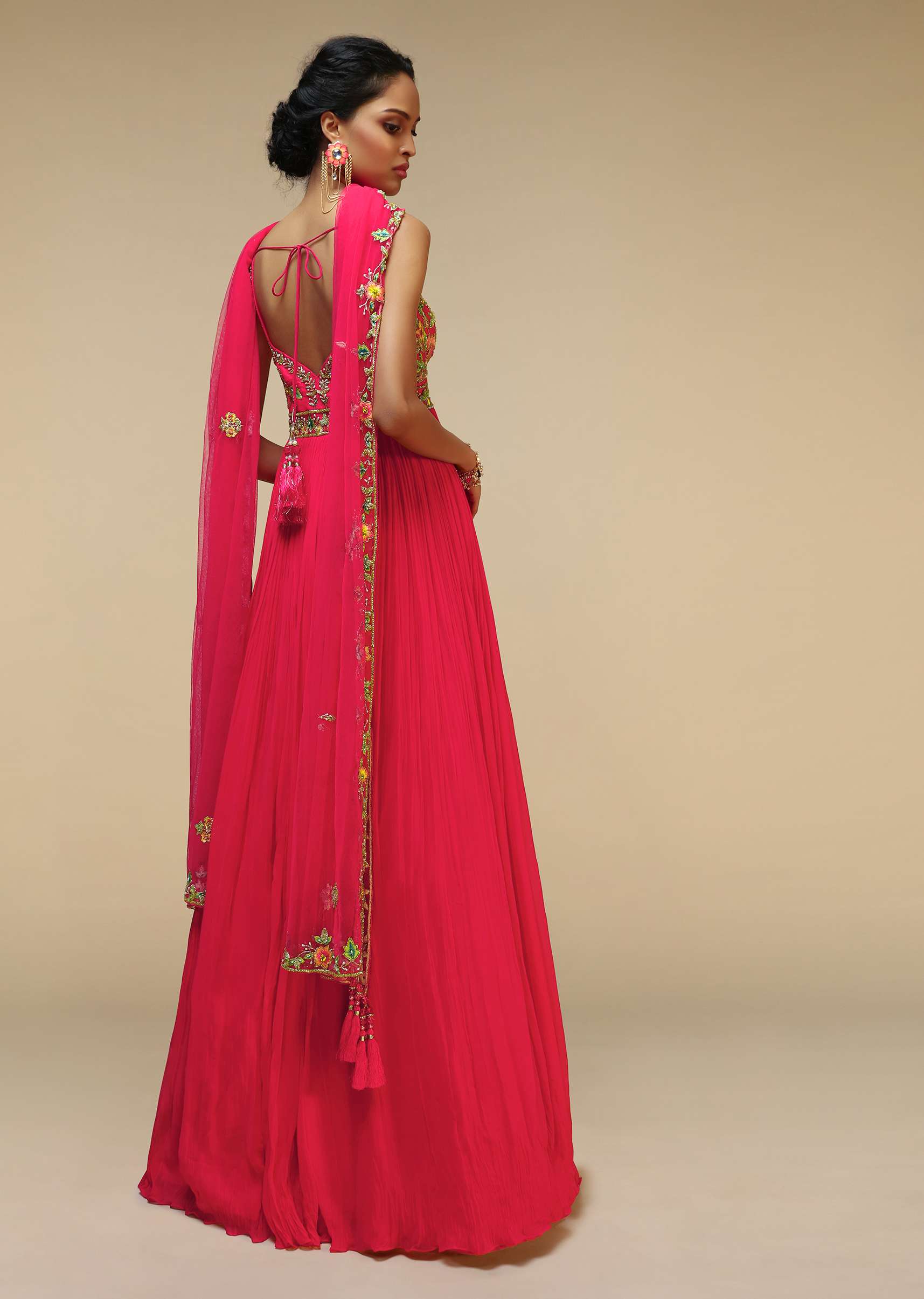 Rani Pink Anarkali Suit In Crushed Georgette With A Hand Embroidered Bodice Adorned In Multi Colored Resham And Sequins Work