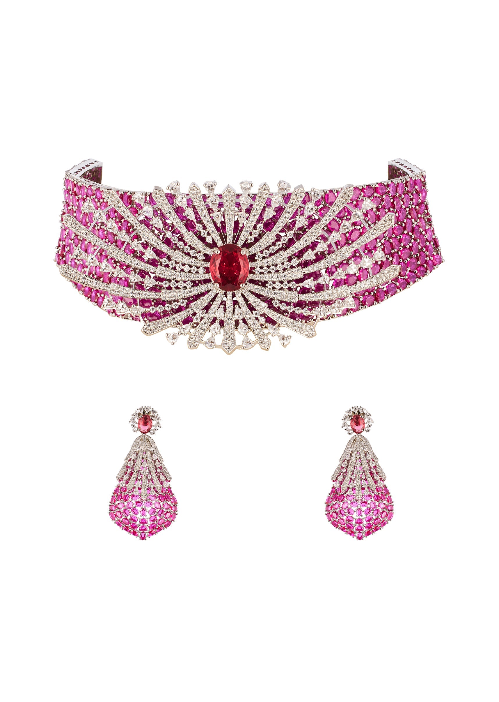 Buy Rani Pink Anti Tarnish Rhodium Plated Brass Long Necklace Set with ...
