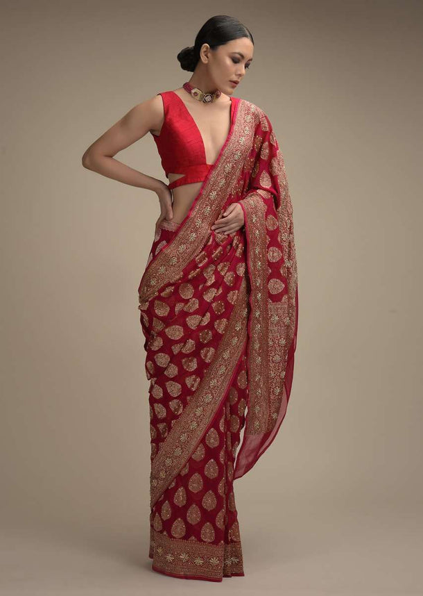 Rani Pink Banarasi Saree In Georgette With Woven Leaf Shaped Buttis And Stone Accents Online - Kalki Fashion