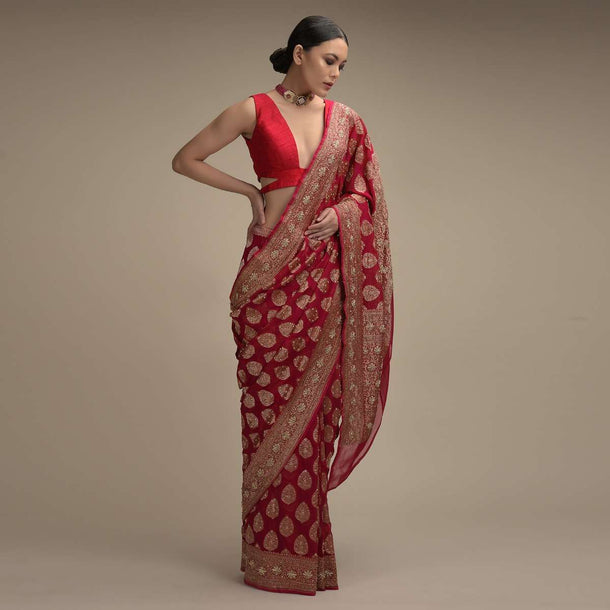 Rani Pink Banarasi Saree In Georgette With Woven Leaf Shaped Buttis And Stone Accents Online - Kalki Fashion