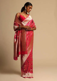 Rani Pink Banarasi Saree In Pure Handloom Silk With Woven Floral Jaal And Chevron Border Along With Unstitched Blouse Piece