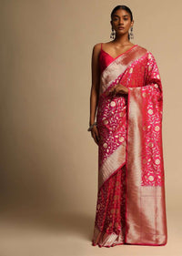 Rani Pink Banarasi Saree In Pure Handloom Silk With Woven Floral Jaal And Chevron Border Along With Unstitched Blouse Piece