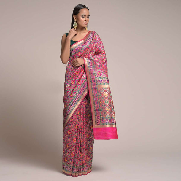 Rani Pink Banarasi Saree In Silk With Colorful Woven Patola Jaal Online - Kalki Fashion