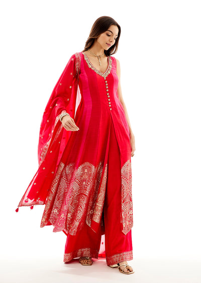 Rani Pink Banarasi Silk Anarkali And Dupatta With Zardosi Neck Work