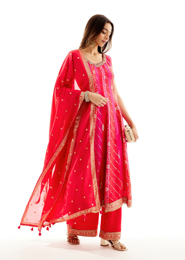 Rani Pink Banarasi Silk Anarkali Dupatta Set With Zardosi Neck Work