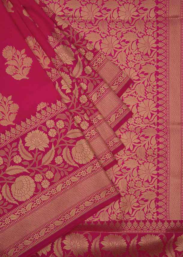 Rani pink Banarasi silk saree with brocade butti and borde