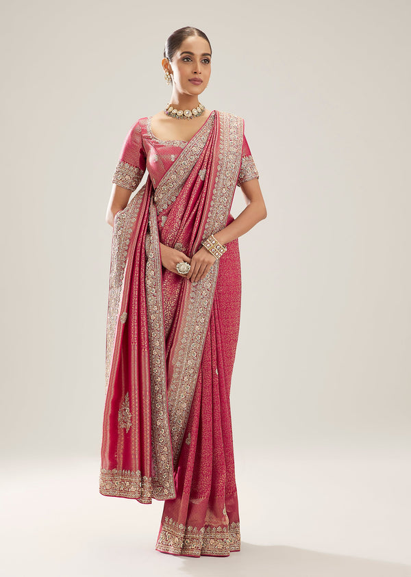 Rani Pink Banarasi Silk Saree With Cutdana And Zardosi Border
