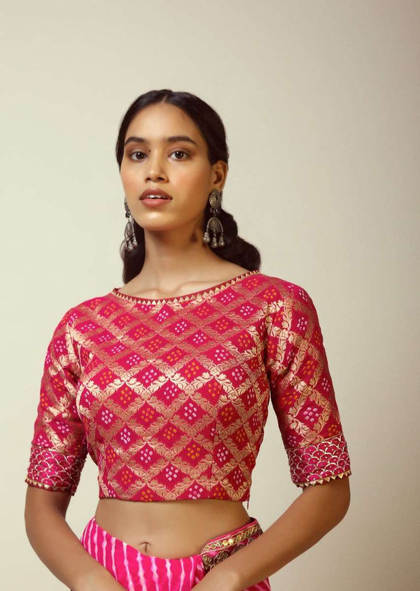 Rani Pink Blouse In Brocade With Woven Jaal And Bandhani Print Online - Kalki Fashion