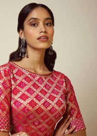 Rani Pink Blouse In Brocade With Woven Jaal And Bandhani Print Online - Kalki Fashion