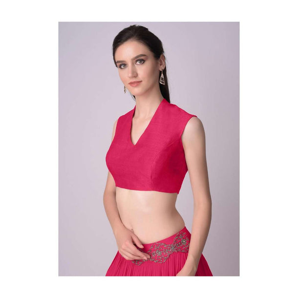 Rani Pink Blouse In Raw Silk With V Neckline