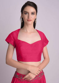 Rani Pink Blouse With Deep Sweet Heart Neck And Cap Sleeves