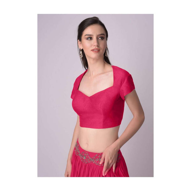 Rani Pink Blouse With Deep Sweet Heart Neck And Cap Sleeves