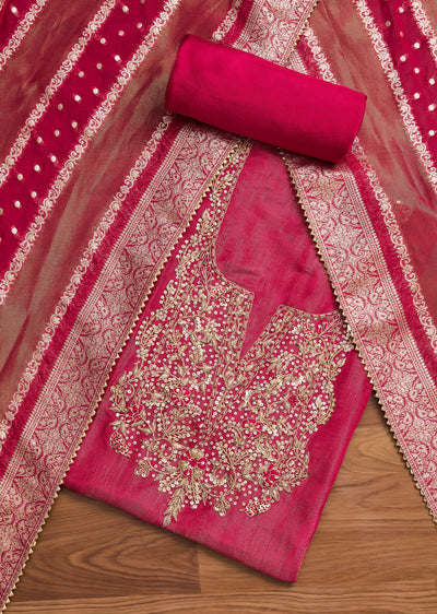Rani Pink Crepe Unstitched Suit With Dupatta and Bottom Fabric