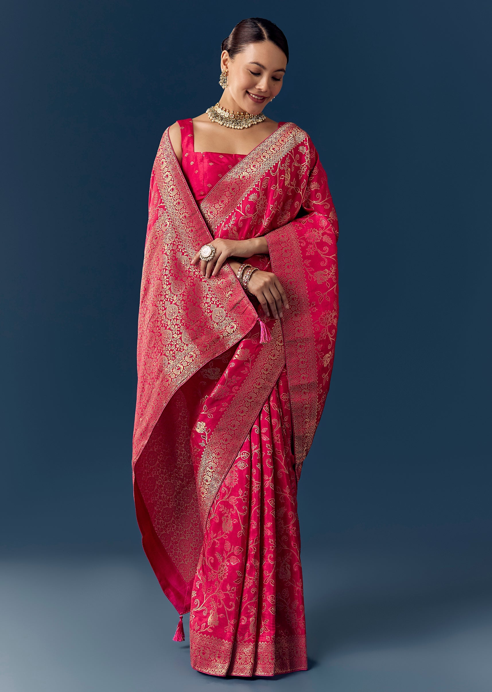 Buy Rani Pink Dola Silk Saree with Floral Jaal Weave | KALKI Fashion UK ...