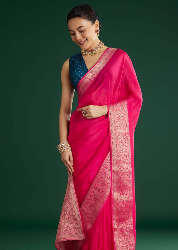 Rani Pink Dola Silk Saree With Woven Border And Pallu
